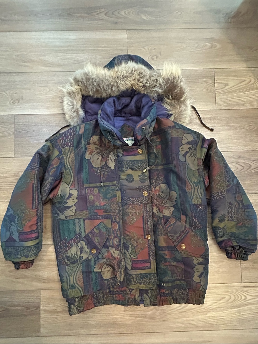 Vintage 90s Innovations by IZZI Patchwork Floral Fox Tail Fur Parka S